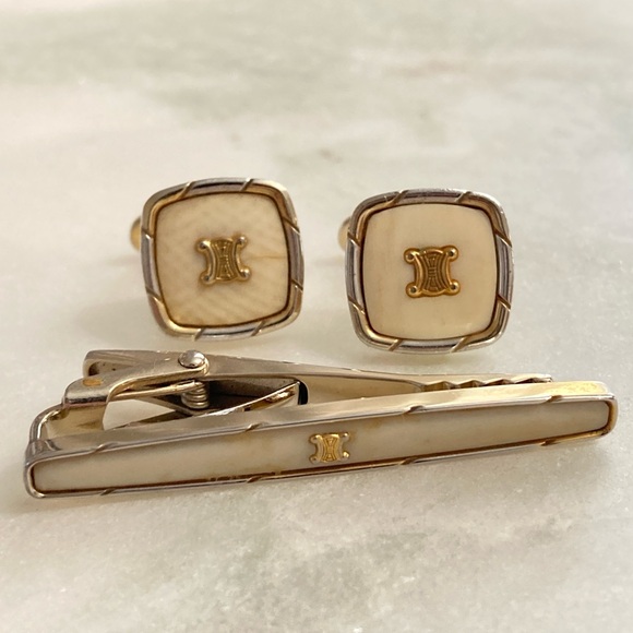 Vintage Celine Cuff Links + Tie Clip Set